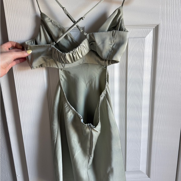 PRINCESS POLLY Jemma Mini Dress Sage Green Satin Silky Cutout Cowl Neck Dress 4 - Picture 6 of 7